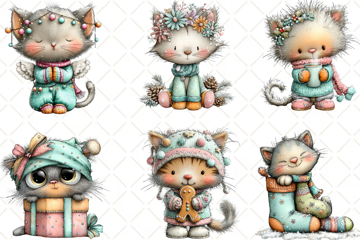 Whimsical Christmas Cats Clipart, an Animal Illustration by Black Bird Studio (Photo 6 of 6)