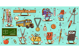 Cartoon groovy school stationery, an Education Illustration by Vector Tradition