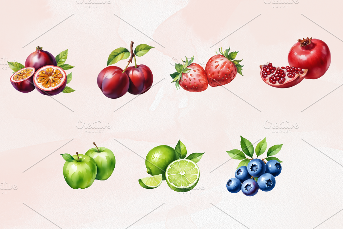 Watercolor Fruit Clipart, a Food Illustration by Coralcreations (Photo 2 of 5)