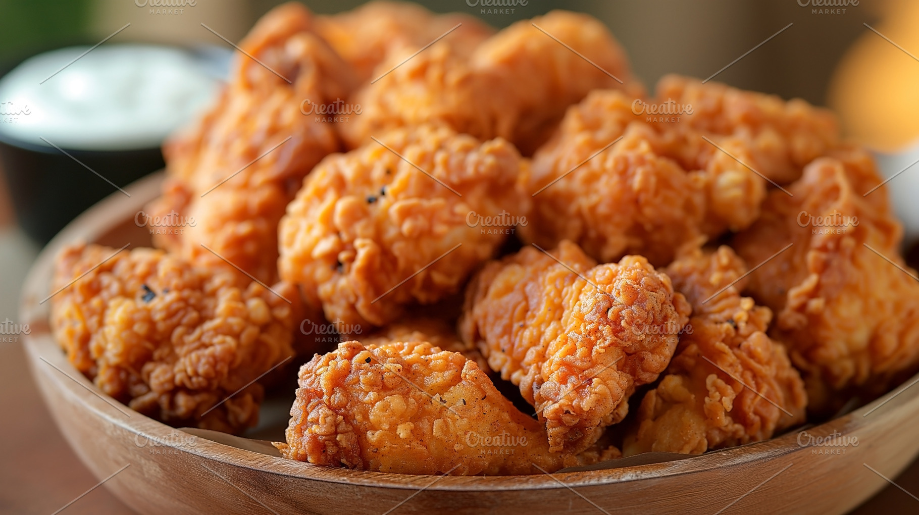 Golden-brown, crispy fried chicken pieces served in a wooden bow, a Food & Drink Photo by ImageMir