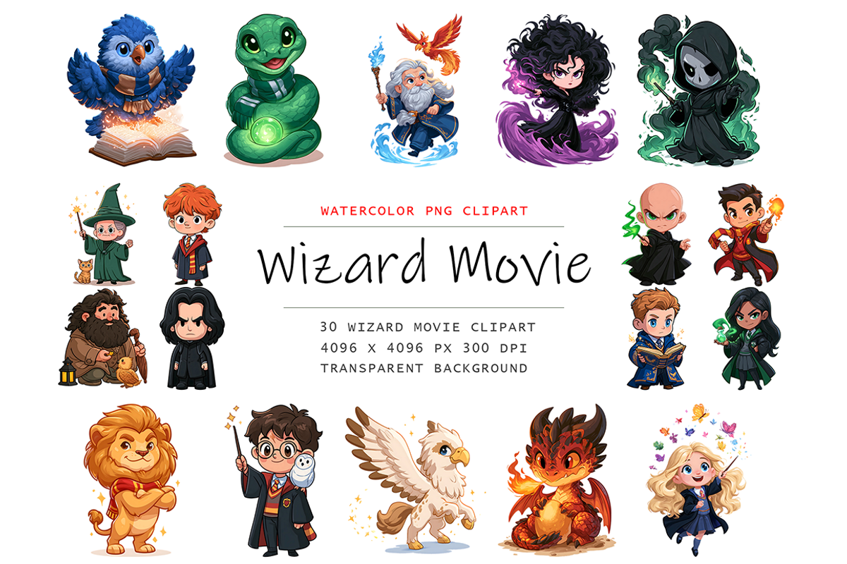 Watercolor Wizard Movies 30 Clipart, a Decorative Illustration by stickermadness (Photo 1 of 4)