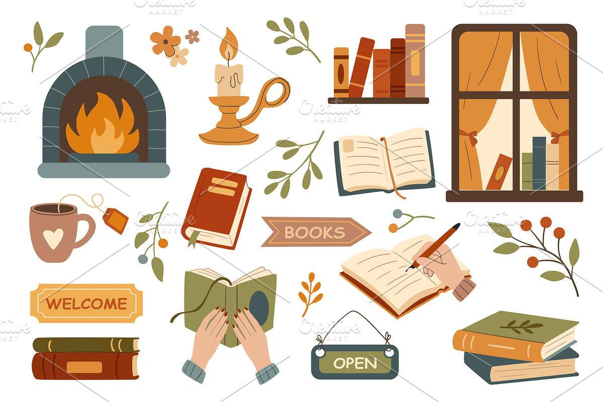Cozy Bookshop Set, an Education Illustration by alexdndz