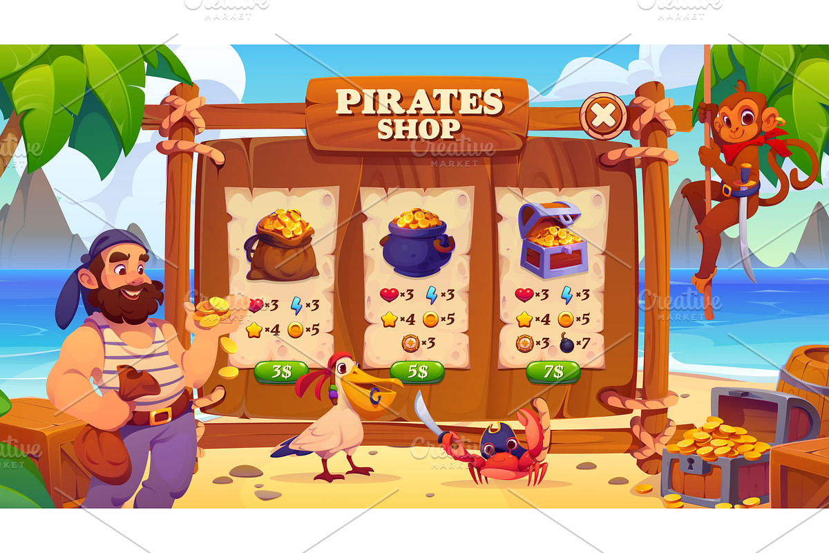 Pirate game interface, shop window, a Person Illustration by Vector Tradition
