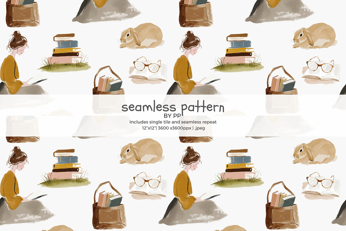 cozy reader seamless pattern jpeg, a Pattern Graphic by Pink Studio Art (Photo 1 of 4)