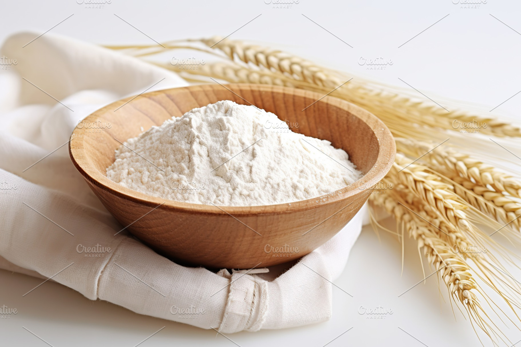 Flour in wooden bowl with wheat ears on white background, a Food & Drink Photo by AlyaAnd