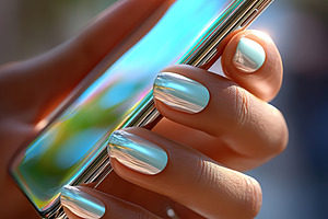 Elegant hand holding smartphone with shiny nails in a vibrant outdoor setting, a Technology Photo by AlyaAnd