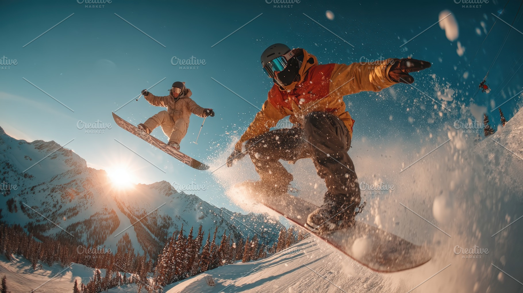 Snowboarders soaring through snowy m, a Photo by Pixeness Studio