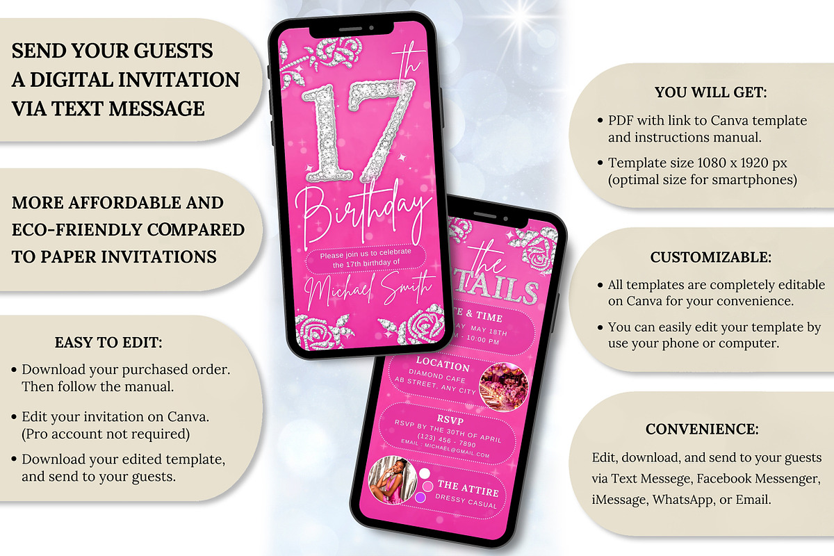 Editable Pink 17th BD Evite Template, an Invitation Template by V Design Creator (Photo 4 of 8)
