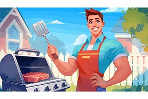 Man cooking barbecue. Cartoon happy, a Person Illustration by Stock-Smart-Start