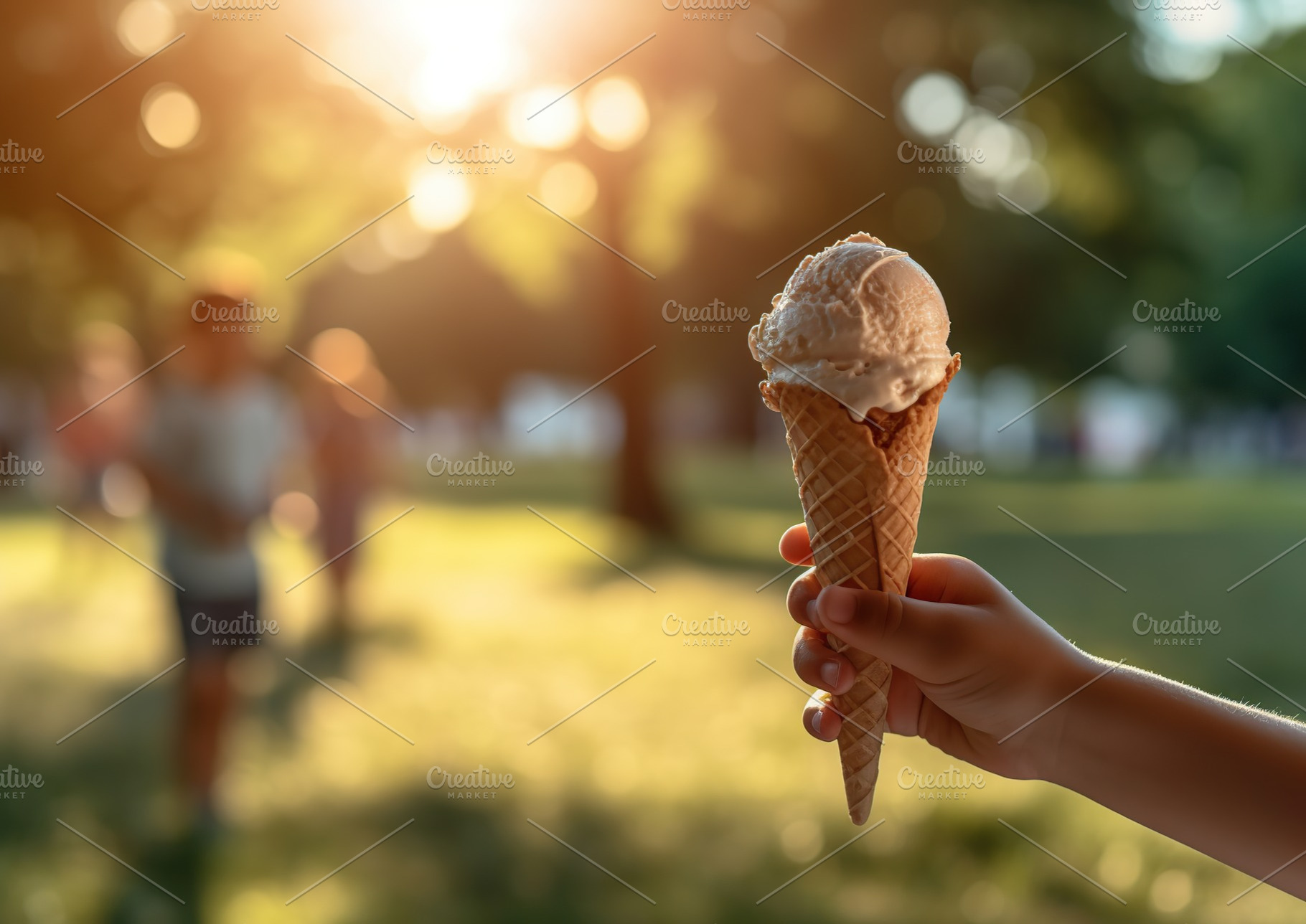 Children hand holding ice cream in waffle, outdoors. Generative AI, a Food & Drink Photo by AlyaAnd