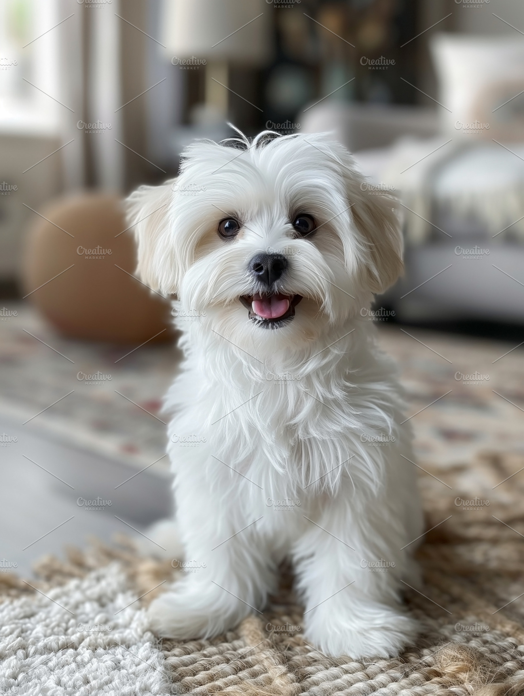 Adorable small white dog sitting on a cozy rug, showcasing a playful and cheerf, an Animal Photo by ImageMir