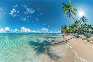 Panorama of tropical beach with coconut palm trees and ocean, a Photo by AlyaAnd