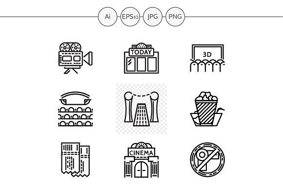 Cinema Black Line Vector Icons Set