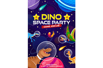 Party flyer with dino astronauts