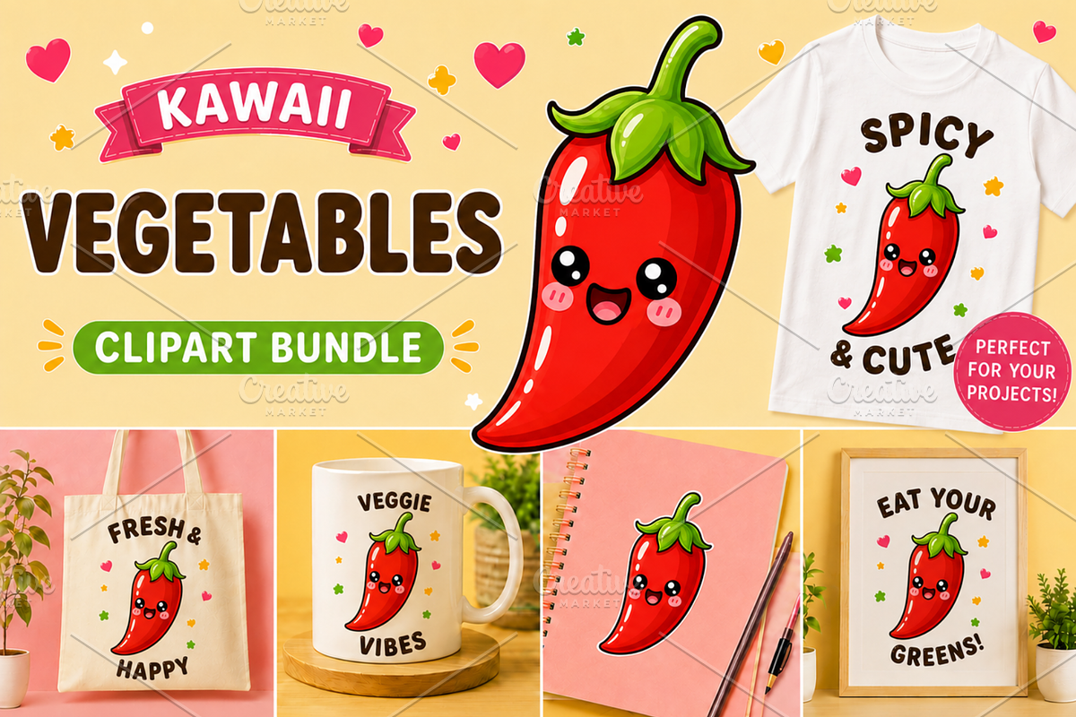 Kawaii Vegetables Clipart PNG Bundle, a Food Illustration by QM_ART (Photo 3 of 4)