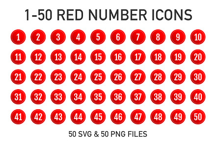 1-50 Red Round Number Icons