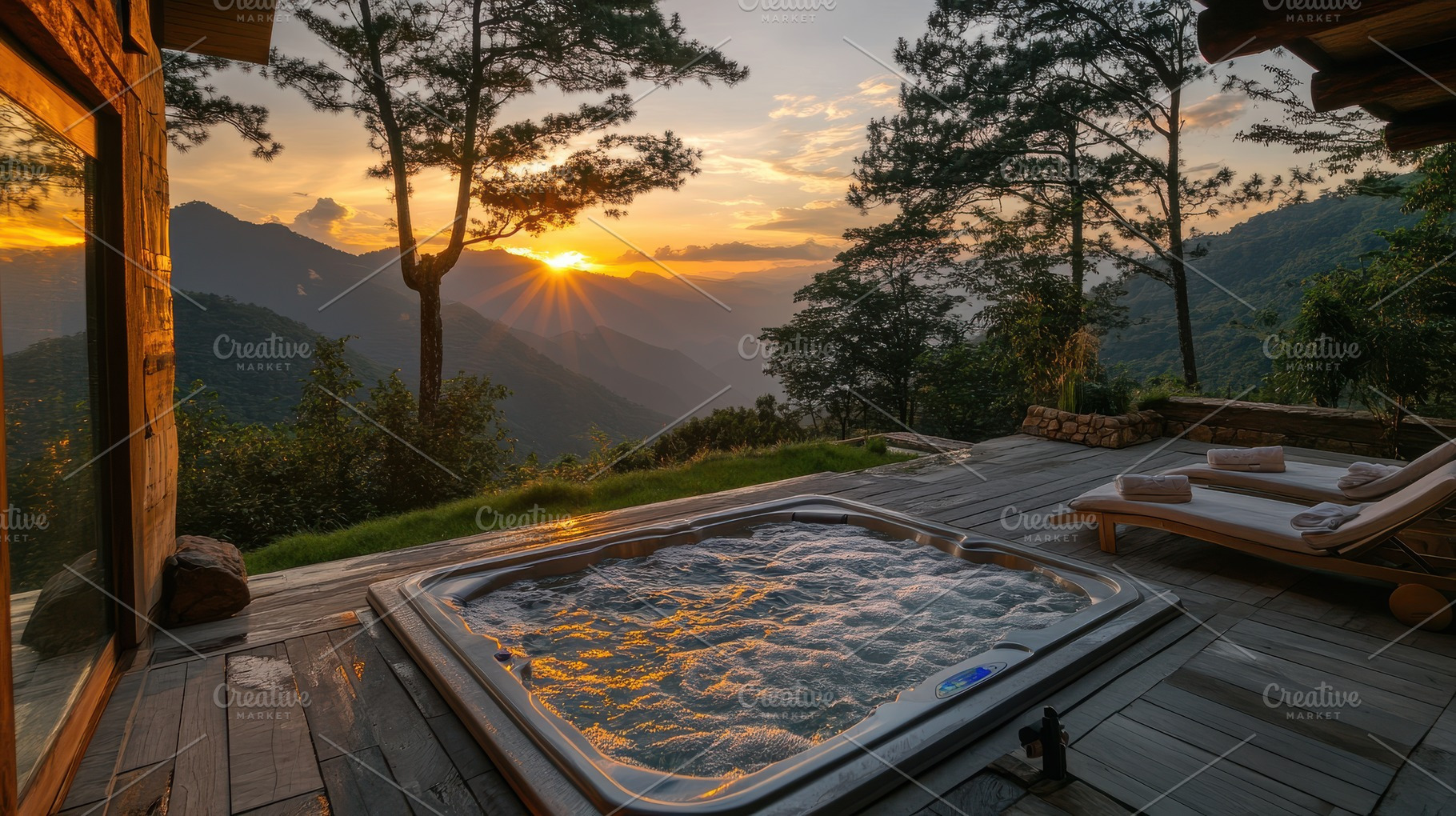 Mountain view hot tub getaway at sun, a Photo by Pixeness Studio