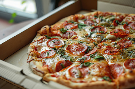 Fresh homemade cheese pizza in cardboard box, a Food & Drink Photo by AlyaAnd