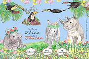 Rhino & Toucan-Watercolor Clipart, an Illustration by VianneArt (Thumbnail 1 of 7)