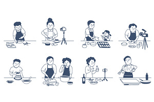 Food bloggers. People cooking on, a Food Illustration by LadadikArt
