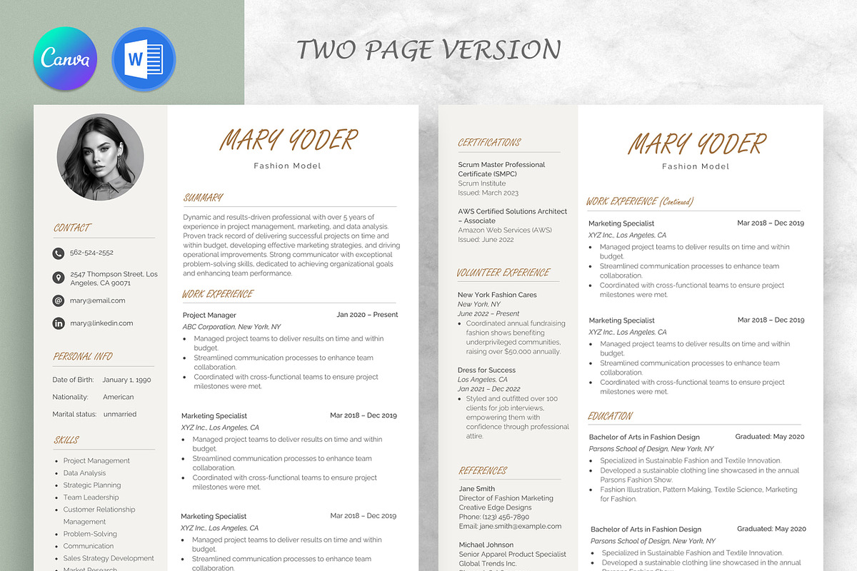 Resume / CV Template Word & Canva, a Resume Template by Anjum Ilyas (Photo 4 of 7)