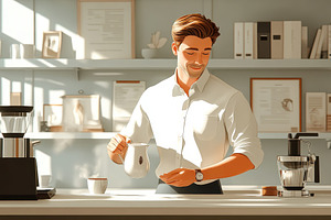 Barista prepares coffee in a bright,, a Photo by Tanuart