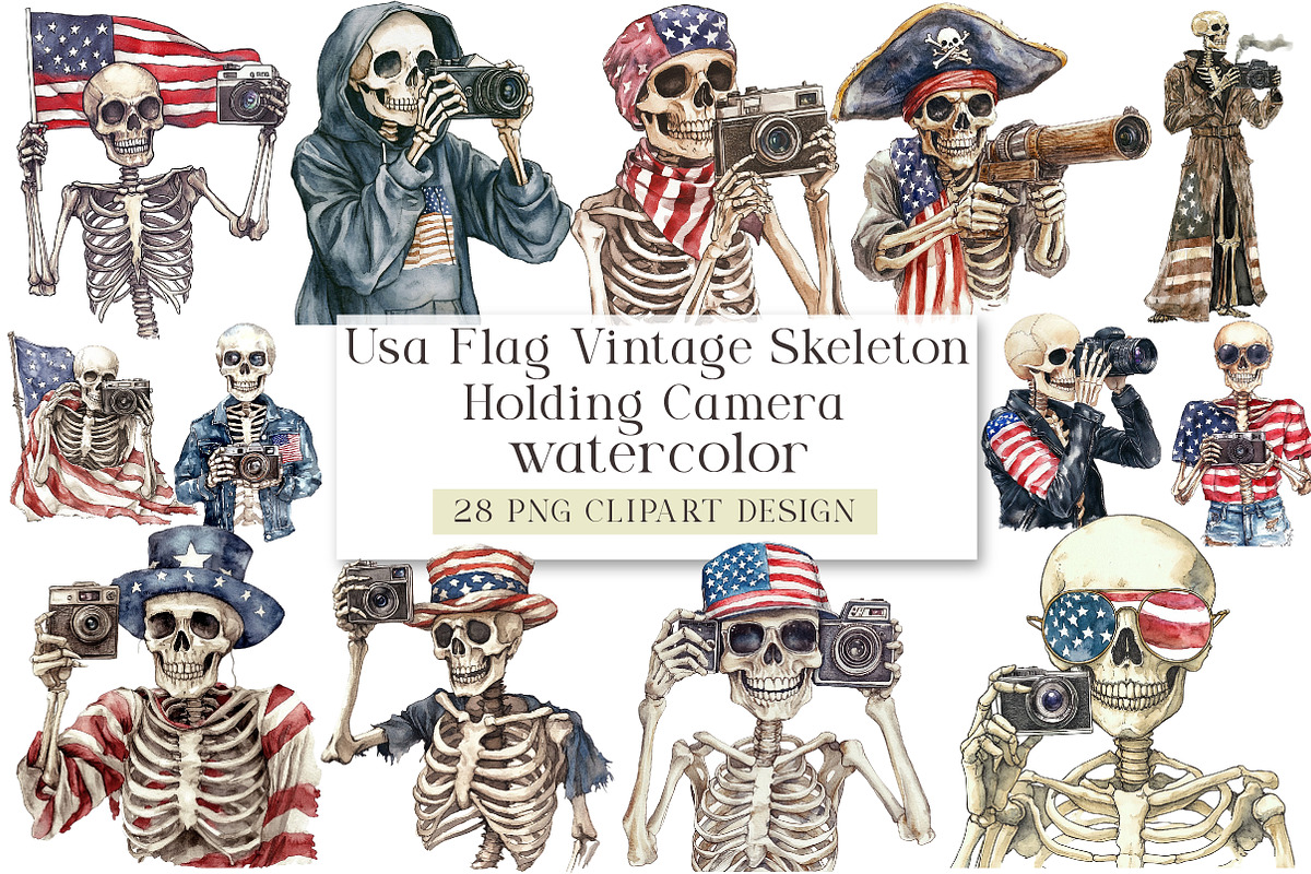 Usa Flag Vintage Skeleton Holding, a Seasonal Illustration by DreamArtGraphic (Photo 1 of 4)