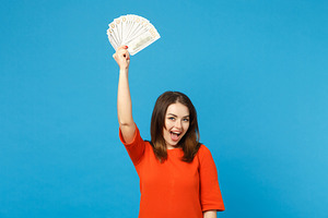 Beautiful brunette young woman weari stock photo containing raised up and hand