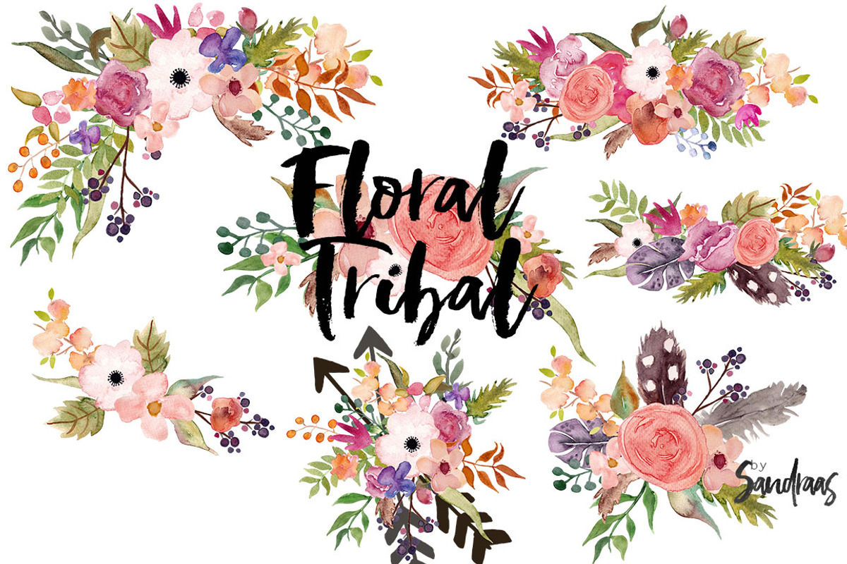 Floral tribal clip art, hand painted, an Illustration by SandraGraphicDesign (Photo 3 of 5)