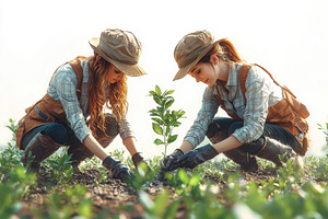 Two women planting trees in a sunny, a Photo by Tanuart