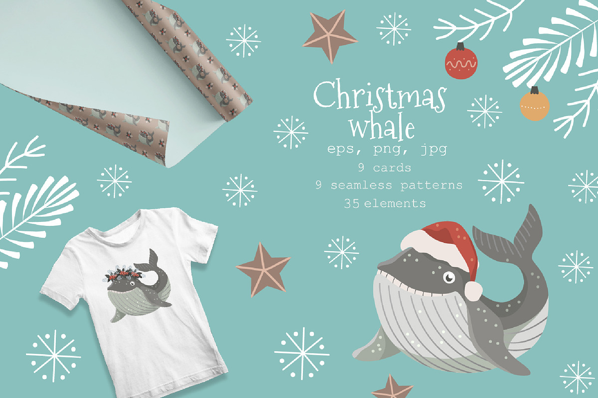 Christmas whale clipart and patterns, an Object Graphic by KupalinaArt (Photo 1 of 6)