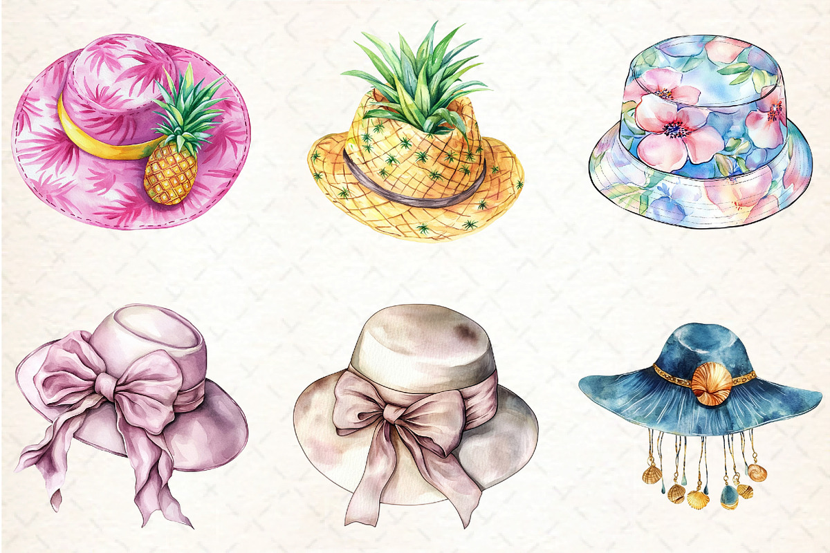 Watercolor Summer Hat Clipart, an Illustration by DreamCafeArt (Photo 3 of 5)