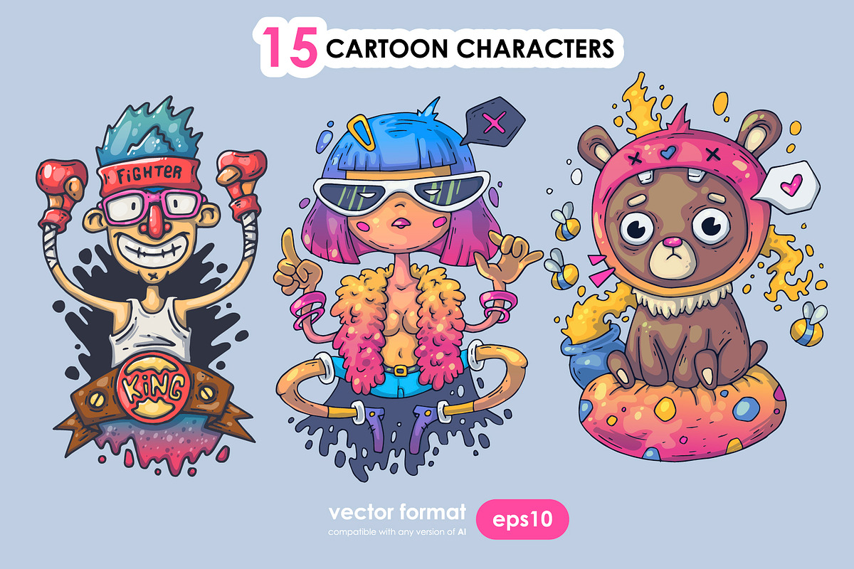 15 Different Cartoon Characters, an Illustration by Andrew_Derr