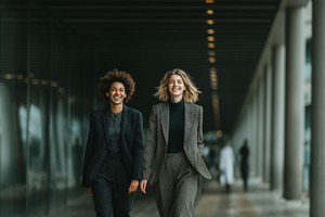 Confident businesswomen walking through an office hallway, smiling and focused, a Person Photo by AS photostudio