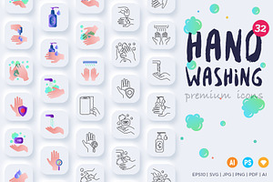 Hand Washing 32 Icons Set Hand Drawn, an Outline Icon by Marina Silence