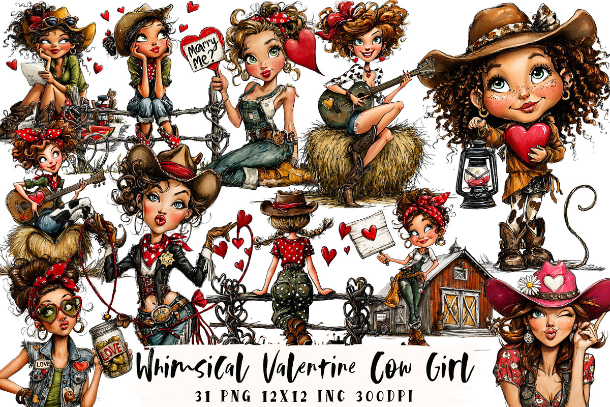 Whimsical Valentine Cow Girl Clipart, an Illustration by OK Design (Photo 1 of 6)