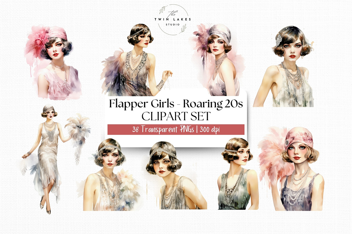 Watercolor Flapper Girls Clipart Set, a Person Illustration by The Twin Lakes Studio (Photo 1 of 11)