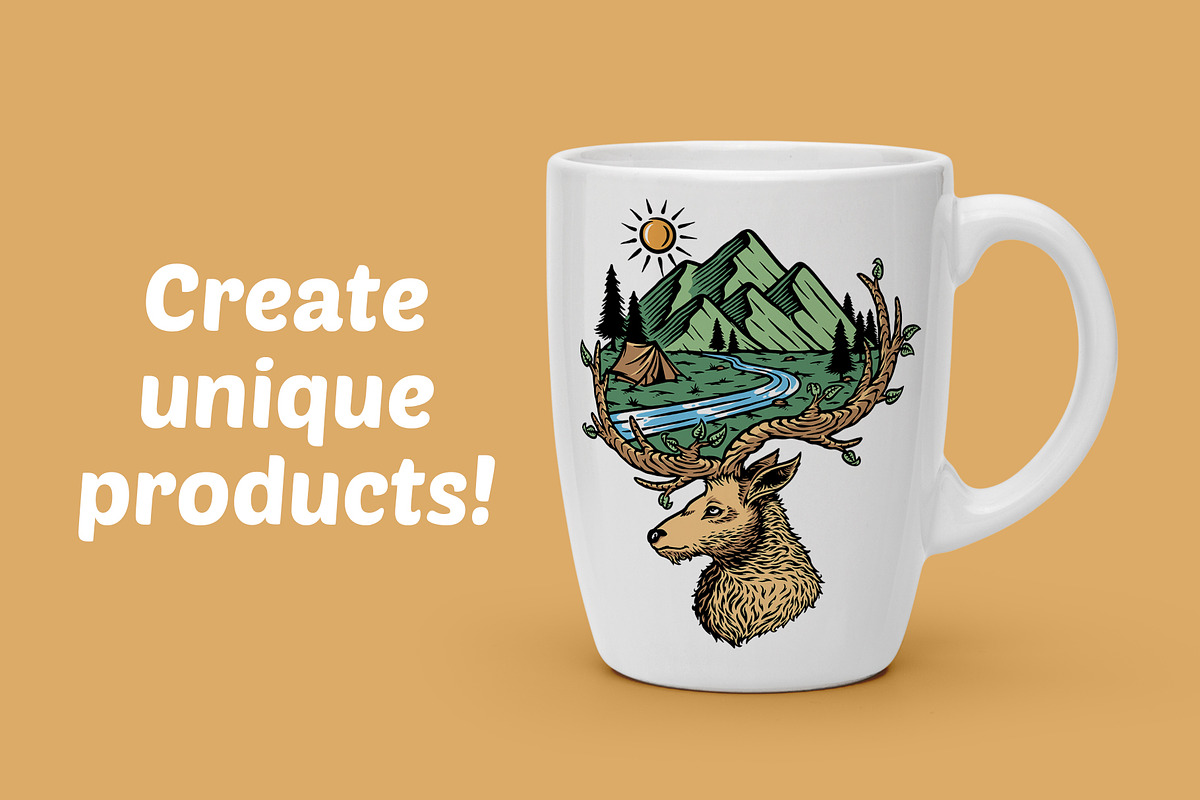 mountain view and deer in nature, an Animal Illustration by gunaonedesign (Photo 2 of 4)