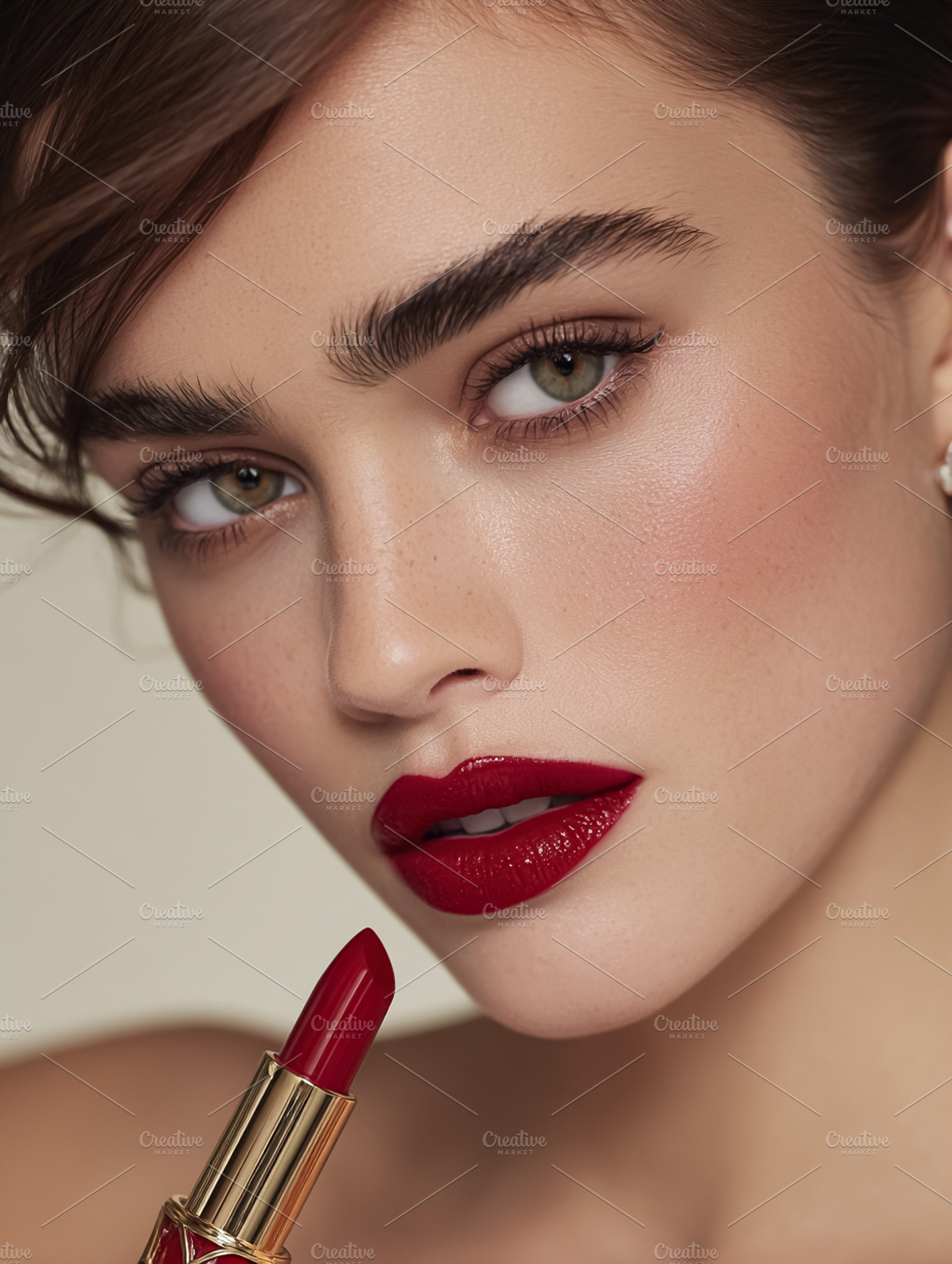 Woman's close up enhancing her lips with bright red lipstick, sh, a Photo by Studio ANNA