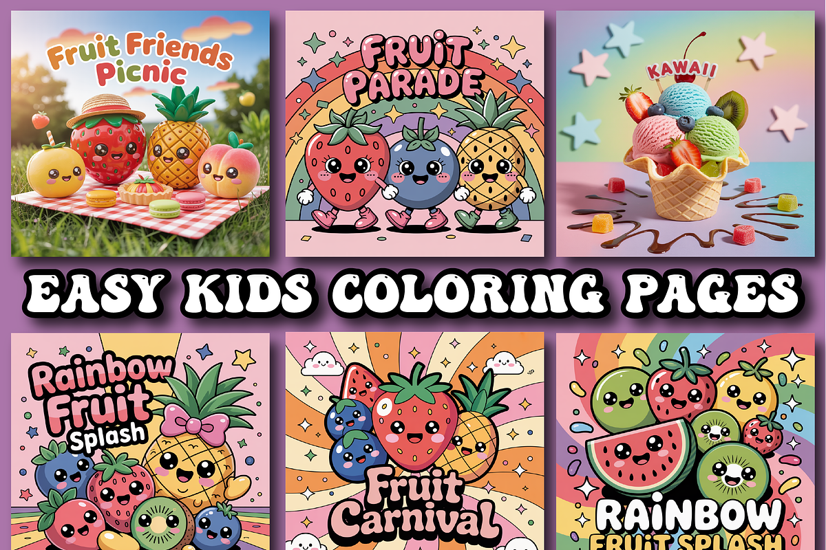 Kawaii Fruit Coloring Pages For Kids, an Animal Illustration by Printable Design Store (Photo 2 of 4)