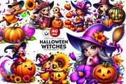Playful Halloween witches cliparts, a Seasonal Illustration by ThatsDesignArt (Thumbnail 1 of 10)