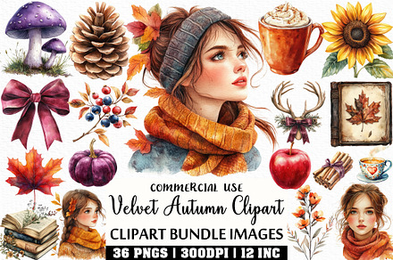 Watercolor Velvet Autumn Clipart