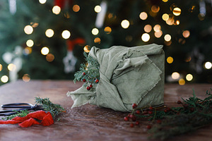 Merry Christmas! Stylish christmas present wrapped in fabric wit, a Holiday Photo by Sonjachni