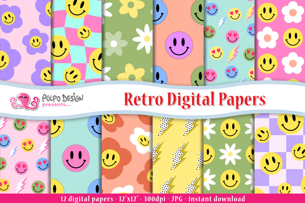 12 Groovy Retro digital papers., a Pattern Graphic by PolpoDesign (Photo 1 of 2)