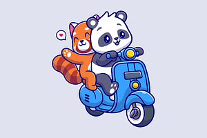 Cute Panda And Red Panda Riding, an Animal Illustration by Catalyst Labs