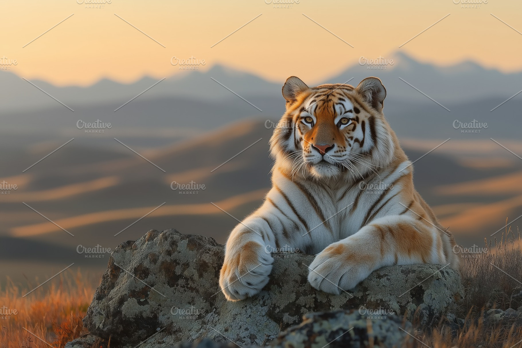 A majestic tiger resting on a rock with a scenic mountain landscape in the back, an Animal Photo by Textures & Backgrounds
