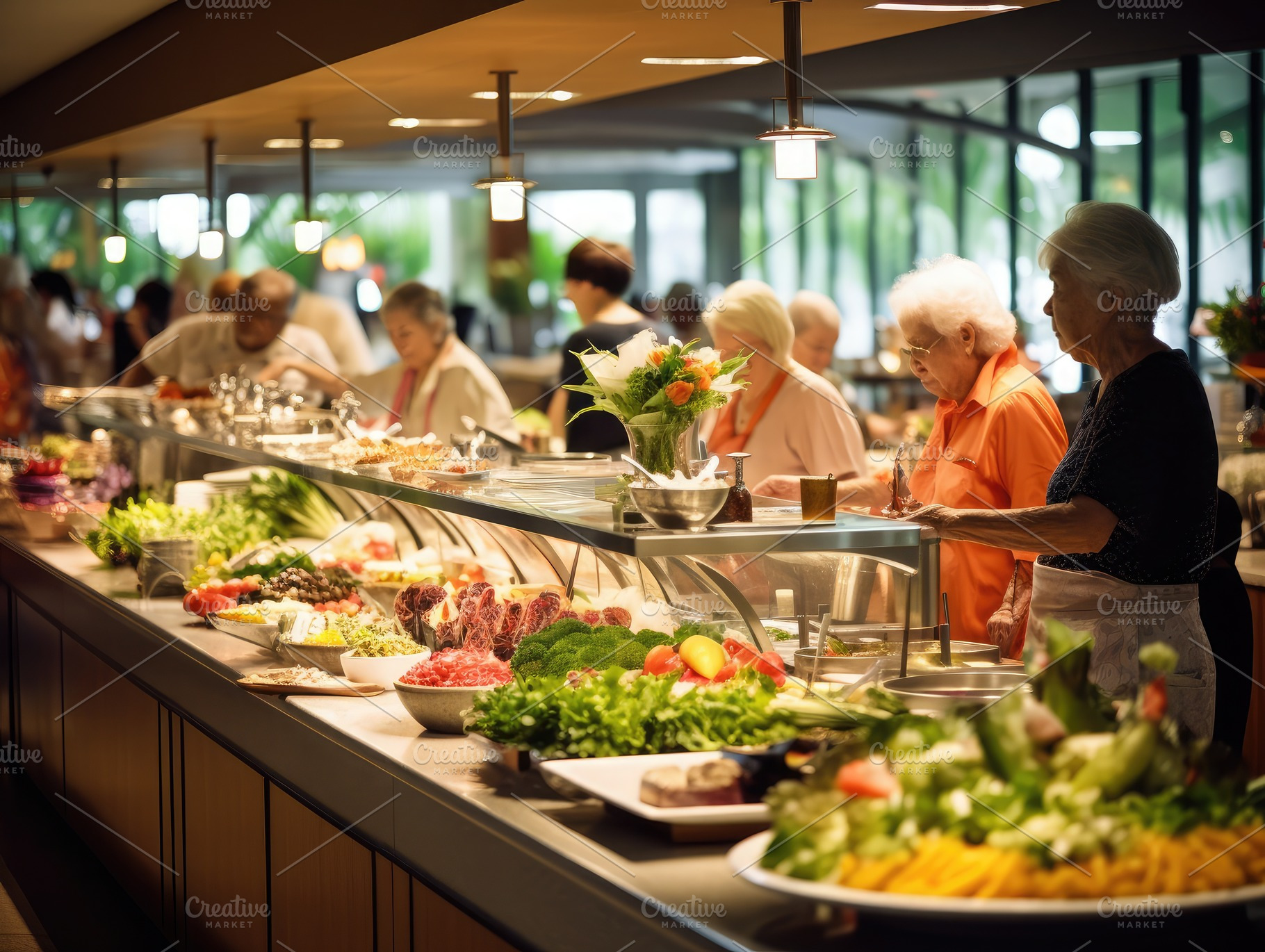 Enjoying buffet in restaurant, with, a Photo by SaroStock