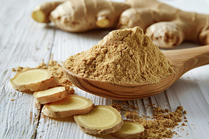 Ground dry ginger in wooden spoon on wooden table, a Food & Drink Photo by AlyaAnd