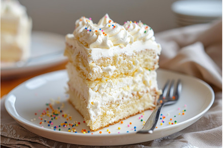 Delicious slice of vanilla cake, a Food & Drink Photo by Ylivdesign