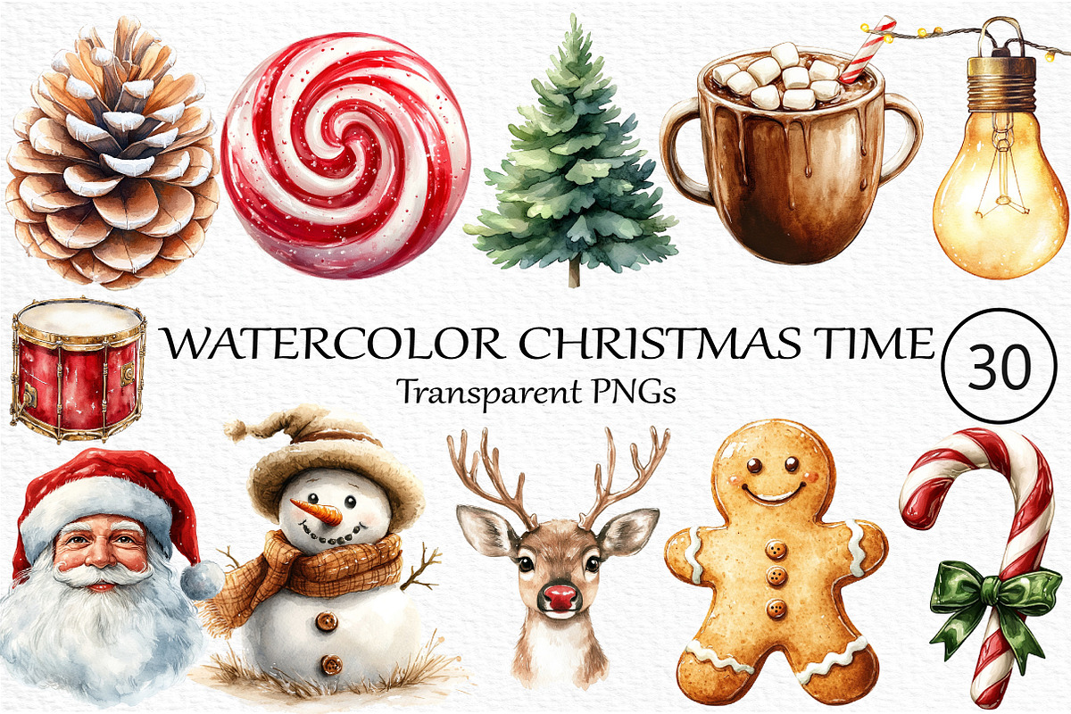Watercolor Christmas Time Clipart, an Illustration by Craft Nest (Photo 1 of 5)